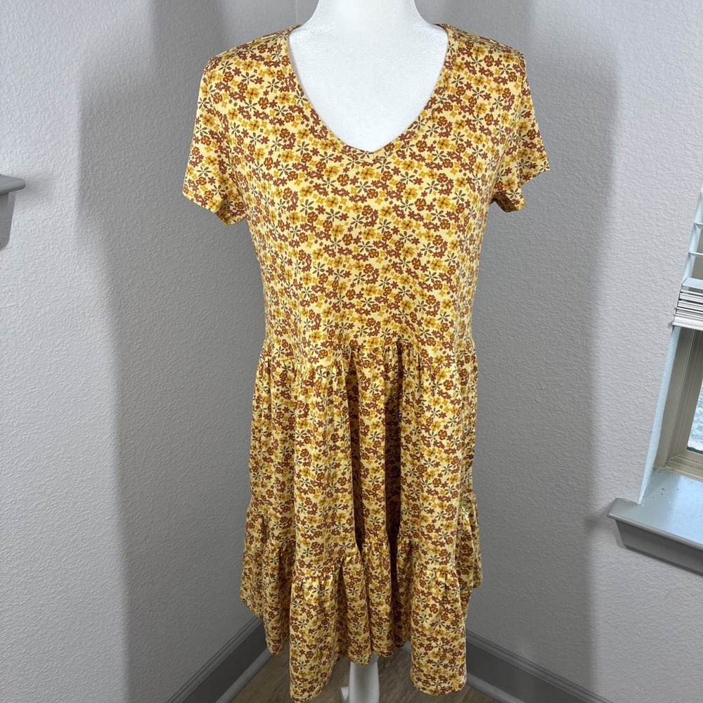 Toad&Co Marley Tiered Short Sleeve Dress Gold Medium Floral Ditsy Boho Festival